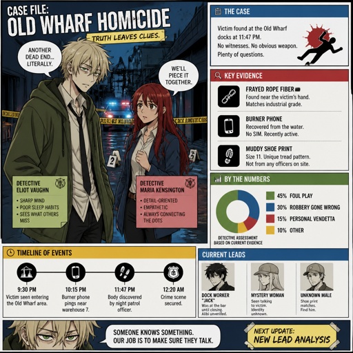 Anime style Male great detective takes his job seriously mid 20s medium really crazy light blonde hair, tall thin tied, clean shaven, strange green eyes wearing baggy loose jacket tired face, partner, long red hair brown eyes annoyed and concerned for him, try take case seriously,gruesome seen,detective do whatever he can, partner and him get into arguments usually partner will say "you really need some rest you can barely stand and your speaking trails off, how do you expect to finish this case with the little sleep and food you get" detective reply" all I need is some coffee, I can survive I don't plan on resting till I get to the bottom of this, worrying never helps"as he yawns, partners says back "ugh! your really stubborn, looks like I'm going to have to catch you again when you pass out" as a comic