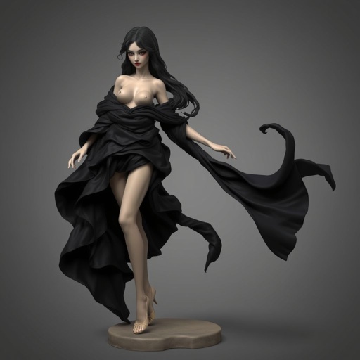 Create character hero Veyra of Shadows – A lithe, mysterious black woman draped in layered black silks that move like smoke around her. With jet-black hair. Show her whole body head to toe including her shoes.