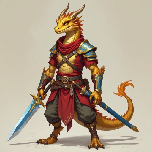 Make golden Dragonborn. Scrawny build 6 foot tall. Wields a blue and gold short sword. He is missing three fingers and 70% of his tail. He is dressed in plain clothing and wears a red tunic and no armour.