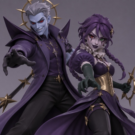 Male, grey short slick pointy back hair, light blue skin, completely full red eyes, red eyes, halo of gold stars surrounding head, purple long coat buttoned up, purple shirt and collar, shirt sleeves over palms, tall boots, black pants, blue details on clothes, pointy shoulder pads dark purple, Female, purple braids, messy bangs, one red eye the other green, black triangle under eyes, stars on face, dark purple lipstick,  purple dress with a short front, short puffy sleeve, gold corset, long green gloves, green details on clothes, stars on top, ruffled collar, black pants, fighting together, both smiling evil