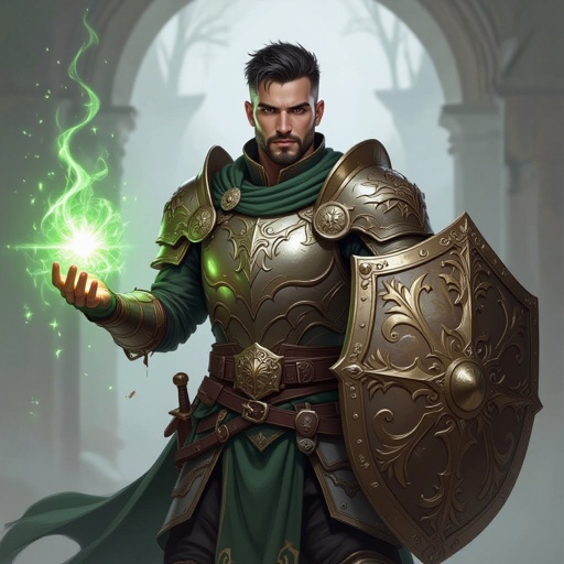 Male Cleric with heavy armor, and a shield white skin and short black hair and short beard. Green magic coming from his hands
