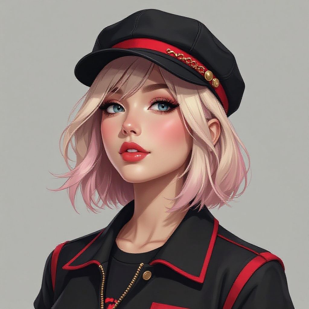 blonde and pink hair in a Bob oCutiefly wearing a stylish black cap with red band and small red stripes she wears a matching black and red Vest