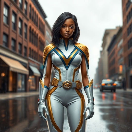 A teenage African American female superhero with hair in a shoulder length side part style wearing a white and Gold suit with blue accents and a stylized V as her chest emblem a utility belt and silver boots standing in Philadelphia during a rain storm