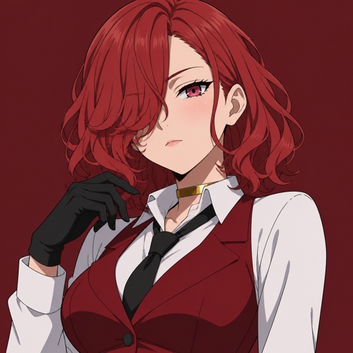 Female , 24, shoulder length red curly hair covering one eye, serious , suit vest red,white shirt,  black tie, pink eyes, gold choker, black gloves, blush