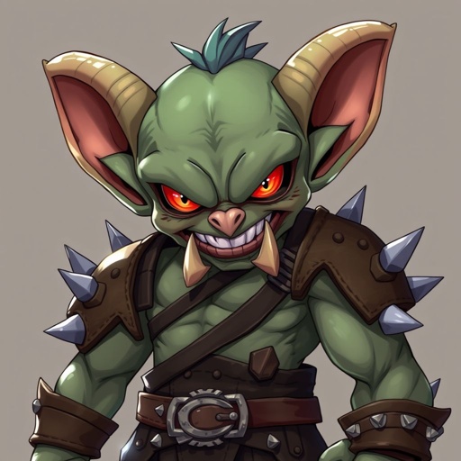 Goblin. Short. Muscular. Red eyes. Sharp teeth. Menacing grin.