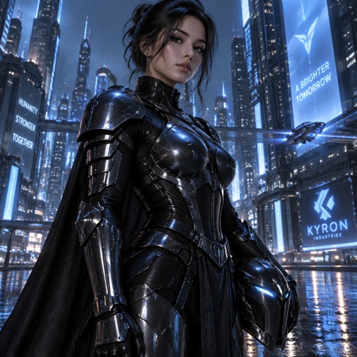 Gorgeous lady in a black knight futuristic armor 