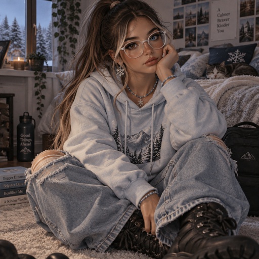 Female, 16, long brown hair with white tips, one brown eye one blue eye, 5 feet tall, slightly tanned skin, white glasses, high ponytail with strand loose that gram the face, lightly dusted freckles, light winter color over sized hoodie, baggy ripped jeans, black hiking boots, snow flake drop down earrings, white medium almond nails, beaded light blues necklace and bracelet, 