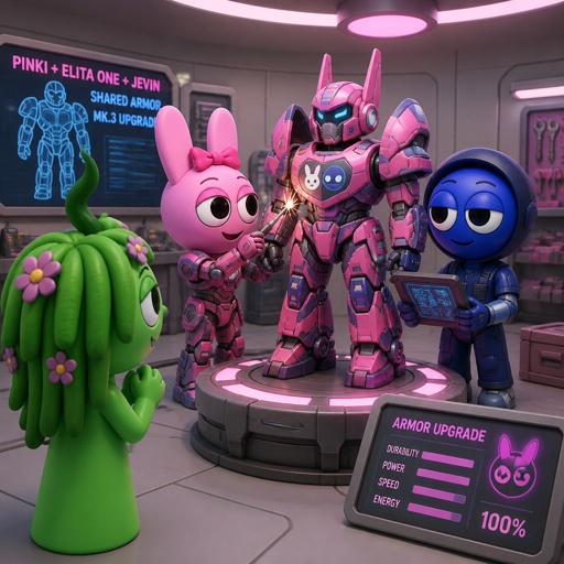 Vineria from Sprunki watching Pinki from Sprunki as Elita One merged with Jevin from Sprunki upgrading the twos shared armour to be more powerful and more durable 