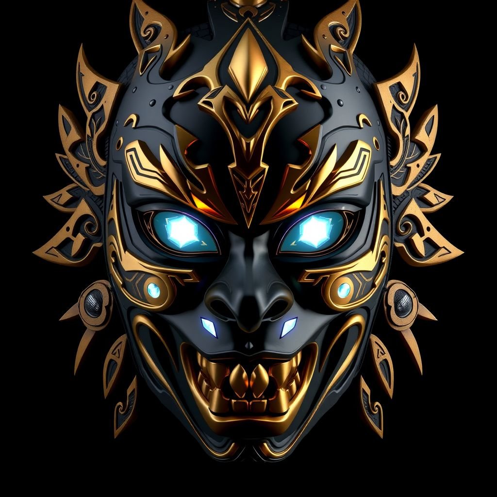 A female war mask with gold accents