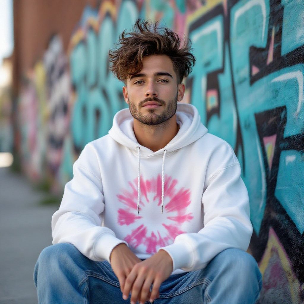 Eccentric non binary 26 year old In jeans a white Hoodie and an pink tye-dye t-shirt