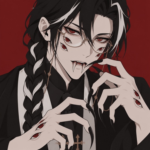 Pale male, hair loose braid, black hair with white stripes, clean shaven, red eyes, eight eyes four on cheek two on the top of his hands hands,long scary fingers ,spider fangs, glasses.