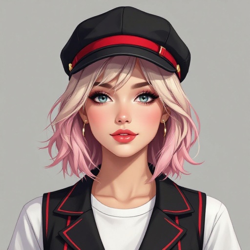 blonde and pink hair in a Bob oCutiefly wearing a stylish black cap with red band and small red stripes  she wears a matching black and red Vest