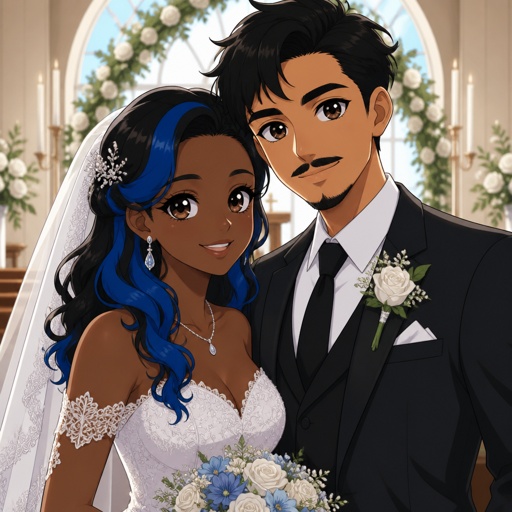 I want a  picture of an African American girl with black and blue hair In the back and white with a quarter Mexican boy with  black  hair  with a mustache together and there in a wedding .