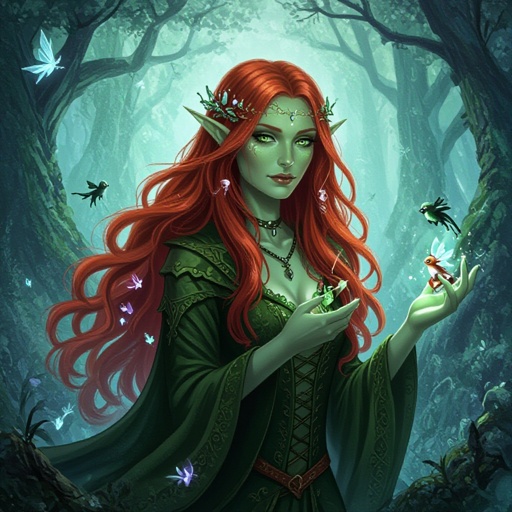 witch with long shimmering red hair and skin and small creatures all around her 