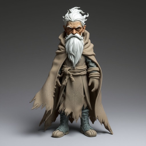 Create old aged character: The Silver-Eyed Wanderer – A tall, long beard hooded androgynous figure with hair that white. piercing silver eyes seem to see both past and present at once. a long, tattered cloak covered in stitched symbols from lands unknown. Show her whole body head to toe including her shoes.