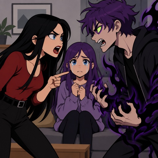 Three siblings, Female name Liz, oldest, tale, pale, beautiful, mysterious, black hair long curtain bangs style, bright blue eyes eyeliner liner, dark eye shadow,red lips, wearing jewelry, Anime style, Agent Ward male, middle child, made to be a weapon, highly skilled, emergency backup case he gets out of control, hair violet messy bun, clean shaven, night vision eyes no goggles, sharp teeth, dark power, tall, intimidating, he's used as an emergence backup weapon, Female Ann, youngest sibling, medium hight pale, tan, blue eyes, vivid purple dim hair in a messy bun her front hair is swooped down in her right side, all in the living room Liz and ward are angrily arguing wards power starts get a little out of control,Ann looking a little concerned tears in her eyes,Liz saying to ward that there parents would hate what ward is doing ward says there dead why does it matter I didn’t choose to get these powers 