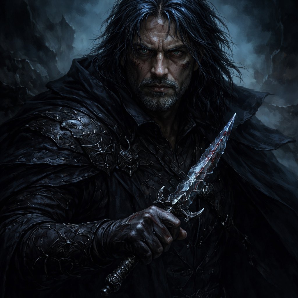 A 57 year old man who has black hair with blue stripes and has dark blue eyes. He is wearing all black. He is holding a small dagger. He looks strong and determined.