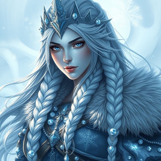 Create a character head to toe showing the whole character, meaning legs feet body face everything: A tall, battle-hardened woman with pale, icy-blue skin. Her long silver hair flows in braids tipped with frozen beads. She wears heavy, fur-lined armor made from the hides of snow beasts. Her eyes glow faint blue. A frost-shaped crown rests lightly on her head.