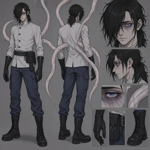 Male, black messy greasy hair, thin shoulder length hair in the back, long hair in the front covering one eye, blue eyes, eye bags, veins under eyes, pale tendrils coming out of back with veins, blue pants, boots, black rubber gloves, short scientist jacket buttoned up, belt with pouch, cartoon style