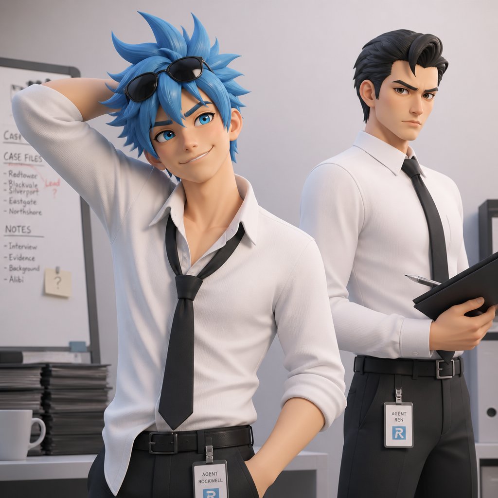 Comic Anime Agent Rockwell very poof up messy hair half side longer and drooped down hair is a light blue skin color white,very bright blue eyes,wears a suit tie is loose,he doesn't wear his jacket his collar to his shirt is uneven sunglasses on his head He's know for his mischievous and reckless behavior but takes missions very seriously is one of the best agents they have Ren is Rockwell's partner is very serious and organized opposite of Rockwell, get very annoyed at Rockwell's behavior they tend to argue with each other but Rockwell is more of having fun