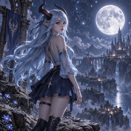 Demon girl, light Blue Long hair, red cat like eyes, light Blue top, dark blue skort, Demon Horns, standing on a Cliff, Stars, Moon