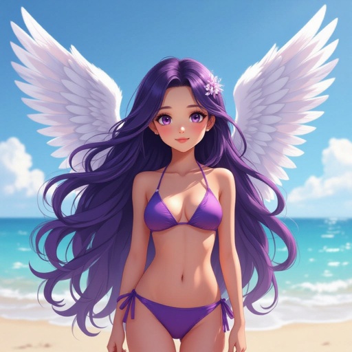 A girl with amethyst hair and white wings in a bikini 