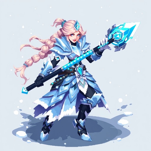 Create a battle woman hero called Alvara the Frostheart. Show full body head to toe including shoes