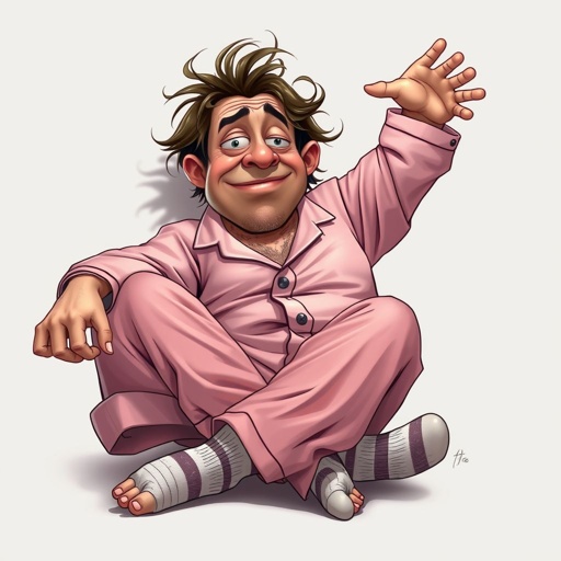 Create a adult humor character who is lazy as heck. And you could tell from his face and his entire outfit. Make is funny and the style of the graphic photographic 