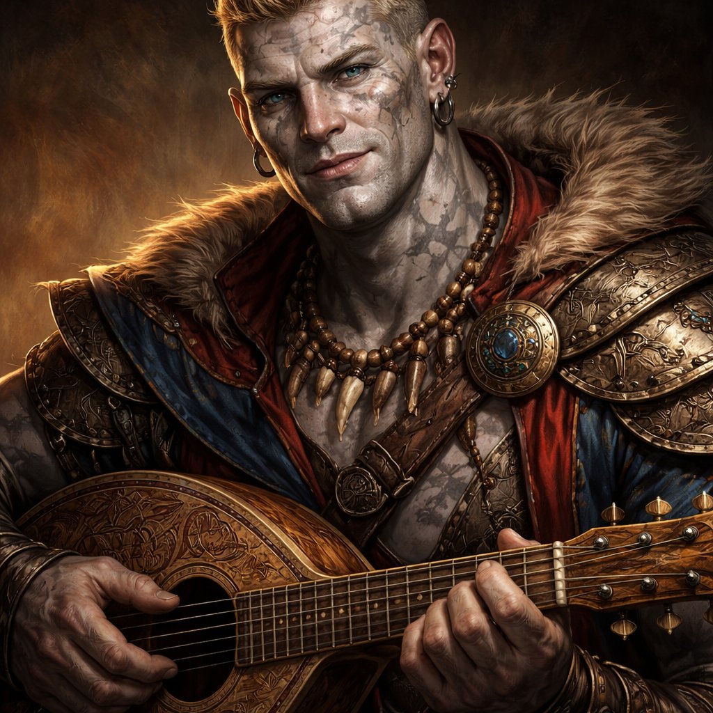 Male Goliath bard with short blonde hair dnd