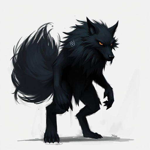 A black furred wolf human hybrid whit a long fluffy tail