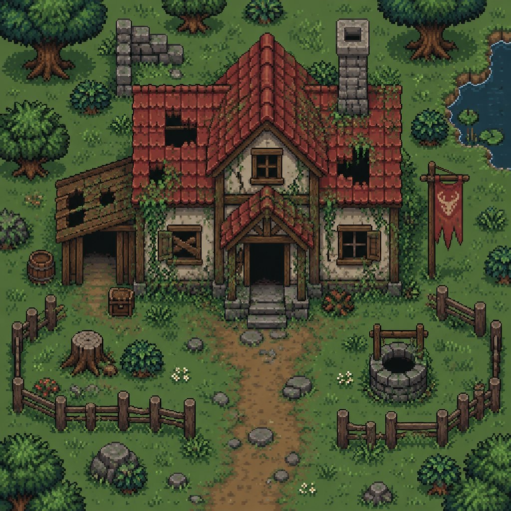 Untended house, unique, for a modern fantasy game, exterior, top down style, shading and highlights