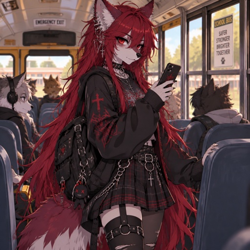 Wolf furry, messy red hair that goes to ankles, gothic attire, lots of ear piercings, red eyes, school bus, on phone