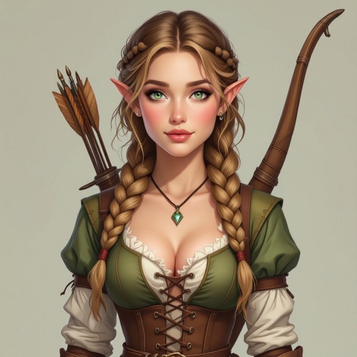 Young adult half elf woman. light brownish blonde hair that's braided into a single thick braid that comes over her shoulder. Delicate beauty, bright forest green eyes, blushed cheeks, and plump supple lips. She's wearing cloth and leather in various earth tones, with a corset that emphasis her exposed chest cleavage. She has a scimitar in a scabbard on her belt; as well as a shoulder holster for a spell book. She has a longbow in her hand and a quiver on her back.