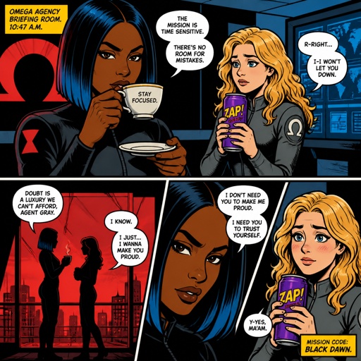 Anime style, Ruby she's dark skin with silk press hair with a blue tips serious, intimidating, plays by the rules makes sure she gets the answers she needs very good at interrogating,is pretty loud, staying calm is hard but she tries, tea, always takes responsibility, she doesn't know about grays feelings, Agent gray nice wave blond hair, nice,no glasses,shy, good at his job, very organized but when a lot of work happens all at one and there's a limited time he can get very disheveled, likes his partner agent Ruby but to scared to admit it, smart,energy drinks,can unintentionally be funny