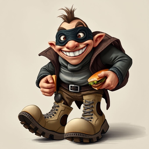 Create a funny looking clumsy thief with funny shoes on. Make him have on the bandit black thing around his eyes. And wanted for stealing sandwiches 