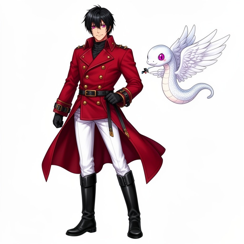 adult human man, mature, tall, badass, black short hair, Fuchsia purple eyes, white pants, black boots, red double breasted greatcoat, gold buttons, black belts,
tiny friendly elegant white winged snake flying next to him