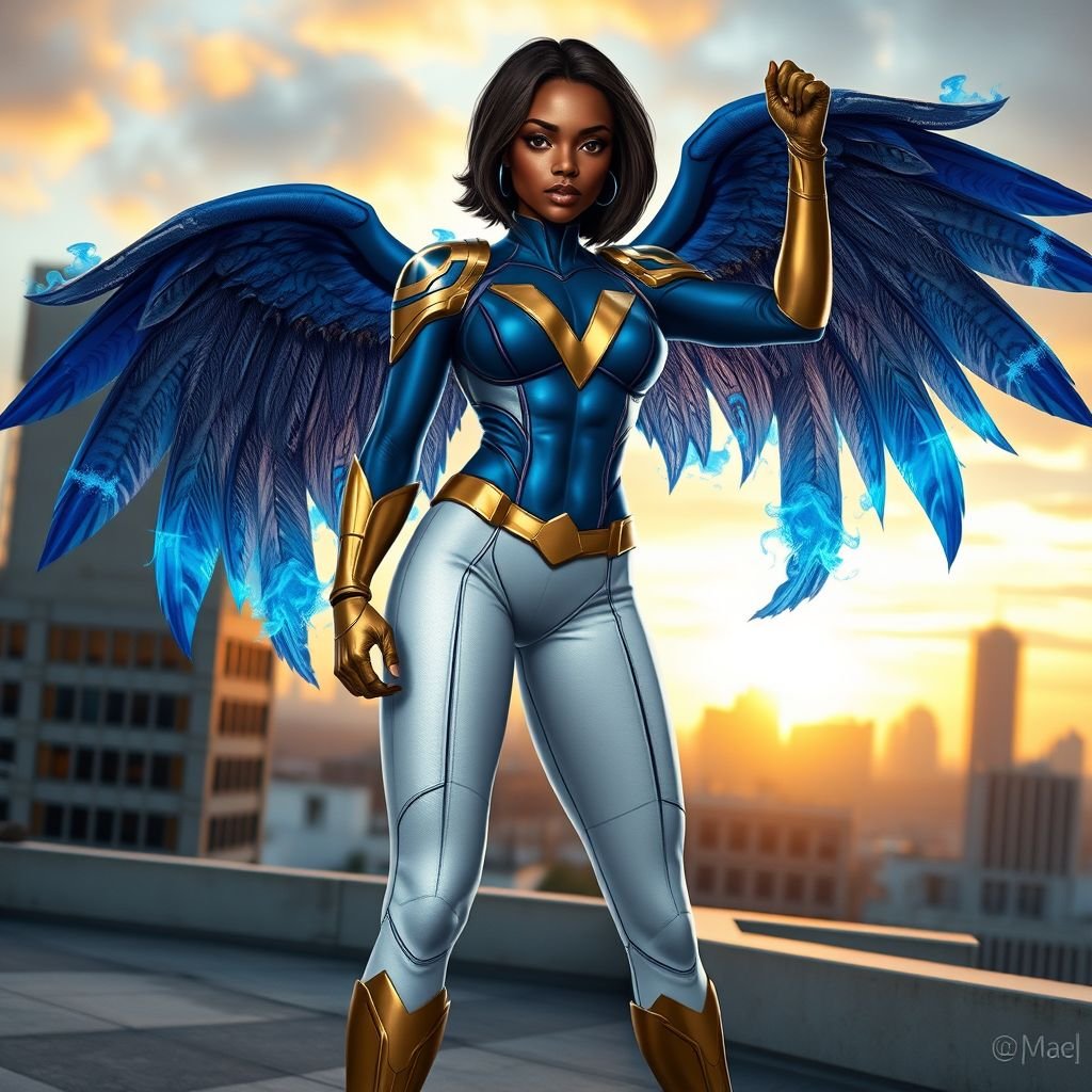 A young African American female superhero with shoulder length hair in a side part style wearing a blue and white suit made of spandex like material that’s slightly armored with gold accents with white pants and gold boots with a stylized V as her chest emblem with wings made of blue fire standing on a roof in a Philadelphia at dawn