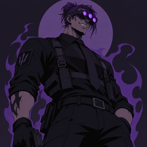 Agent Ward male, made to be a weapon, hair violet messy bun, clean shaven, night vision eyes no goggles, sharp teeth, dark power, tall, intimidating, he's used as a weapon,was made like this by a secret agency that his uncle worked at and brought him there after a horrible accident this is what caused his powers when he was younger he used to be very happy boy and appreciate many things in life he used to have,blue eyes,black hair hair was neck long and nicely brushed , used to be very cheerful