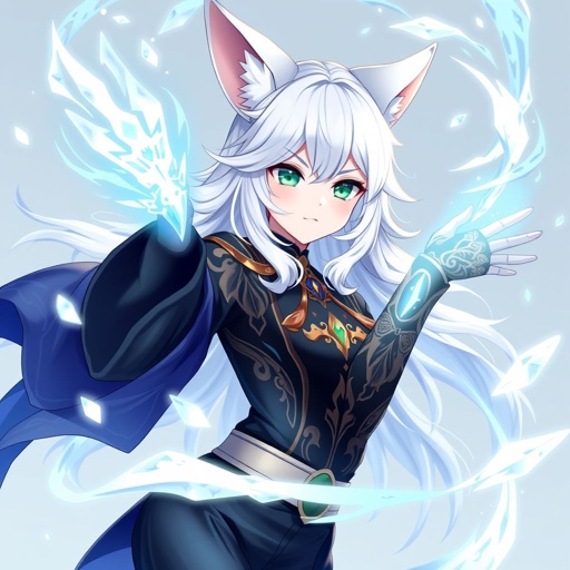(Genshin Impact based) A pale teenage girl with a Cryo Vision wearing a royal black top and trousers with hair and small fox ears as white as snow with emerald eyes and conducting ice. She also has an ancient mythical right arm