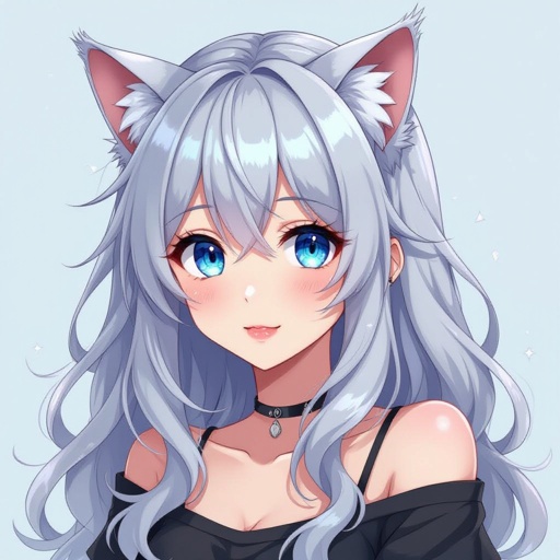 Cat ears on a girl with silver hair and blue eyes 