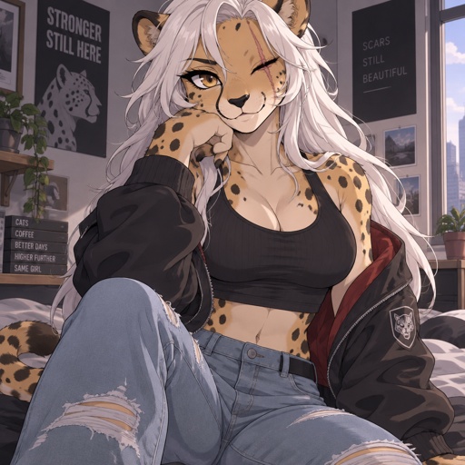 Female cheetah furry, missing left eye, long white hair, crop top, jeans, jacket