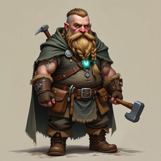 Create a stocky dwarf with a weathered face, braided beard tucked into his belt, and straw-tousled hair. Wears a soot-stained cloak over a leather smith’s vest, tool belt with hammer and chisels, heavy boots. Subtle turquoise rune glow from a pebble at his neck,