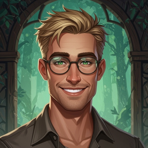 Mężczyzna. Człowiek. Włosy obcięte na jeżyka z widocznymi zakolami Włosy jasne. Krótkie włosy. Delikatny zarost. Oczy ciemnozielone. Delikatnie orli nos. Wąskie usta. Wąska szczęka. Smukła twarz. Chuda twarz. Duże okulary korekcyjne z wąskimi oprawkami. Uśmiechnięty. Ubrany w koszule. Postura lekko muskularna. 