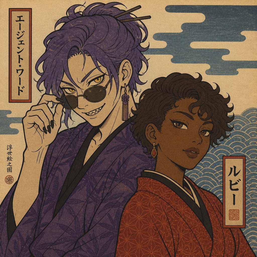 Anime style,Agent Ward,long messy hair in a messy loose up tied bun, violet hair,clean shaven,skin color white,he’s made in a secret lab to be the best weapon and good at everything highly skilled in many things the scientists are scared if he gets out of control,kept in check by lab facility, they have an emergency back up incase he gets out of control, yellow night vision eyes,sharp teeth,sunglasses on head,cares about his partner but doesn’t admit it,likes making jokes, can be reckless mischievous and dangerous,extreme dark powers do to lab experiment ,best agent,late 20s,tired,tall,migraines,sensitive to light,jokes,hates being told what to do,intimidating,laugh like a maniac .Partner Ruby she has brown hair a little above the neck curly,brown eyes, dark skin,serious,goes by the rules, gets annoyed by Ward but conceders him as a friend try’s telling him to sleep,doesn’t like his jokes during work,has been given a device to trigger a shut down on Ward in case he gets out of control but really hopes she never has to