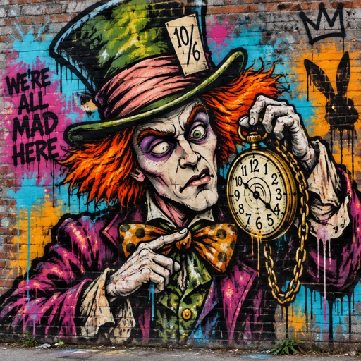 The mad hatter is checking his pocket watch that is going crazy