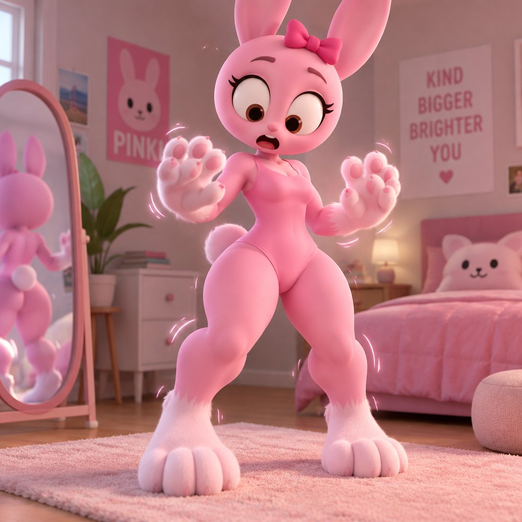 Pinki from Sprunki as her kind wererabbit self noticing that she is getting bigger and stronger with her feet looking like wererabbit paws and her hands looking the same all for Jevin from Sprunki