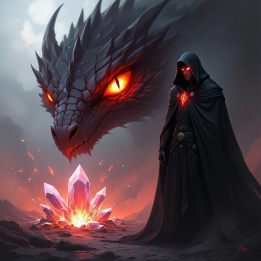 A man in a black cloak hiding his appearance in a veil of darkness behind the veil of his cloak is a single open blood red dragon eye were his left eye would be in the background is a creeping darkness with a shattered crystal resembling a soul