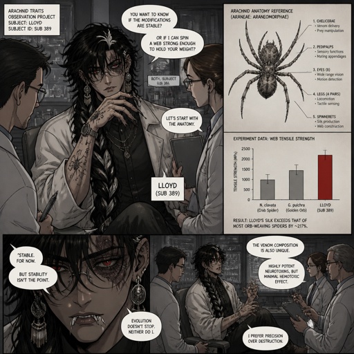 Anime male,name is Lloyd,hair messy long braided black hair with white stripes,clean shaven,highly skilled,in late 20s,migraines,sarcastic,red glowing eyes,one eye is severely damaged,serious face,been experiment on for many years until finally found and rescued ,has power of a spider and control spiders make traps poison and crawl on walls and ceiling dangerous,glasses,wears a loose jacket a nice fully covered shirt ,loves spiders, nice big earrings,tattoos on arms that means arachnid and on left arm tattoo that says sub 389,helps people but on his terms,doesn't remember anything from his past except the experiments, long scary fingers, spider fangs, traumatized,special agency is keeping an eye on him. Him and the scientists having a conversation, scientists “do you know where you originally lived or any relatives” Lloyd “no… but why does that matter know? Who cares I don’t there’s no point I wouldn’t be recognized by them anyway”scientists”you don’t care to find out who you are?” Lloyd “no…I don’t” scientists “what else do you remember?” Lloyd staring of in the distance with a small look of fear in his eyes says “only the experiments”as a comic