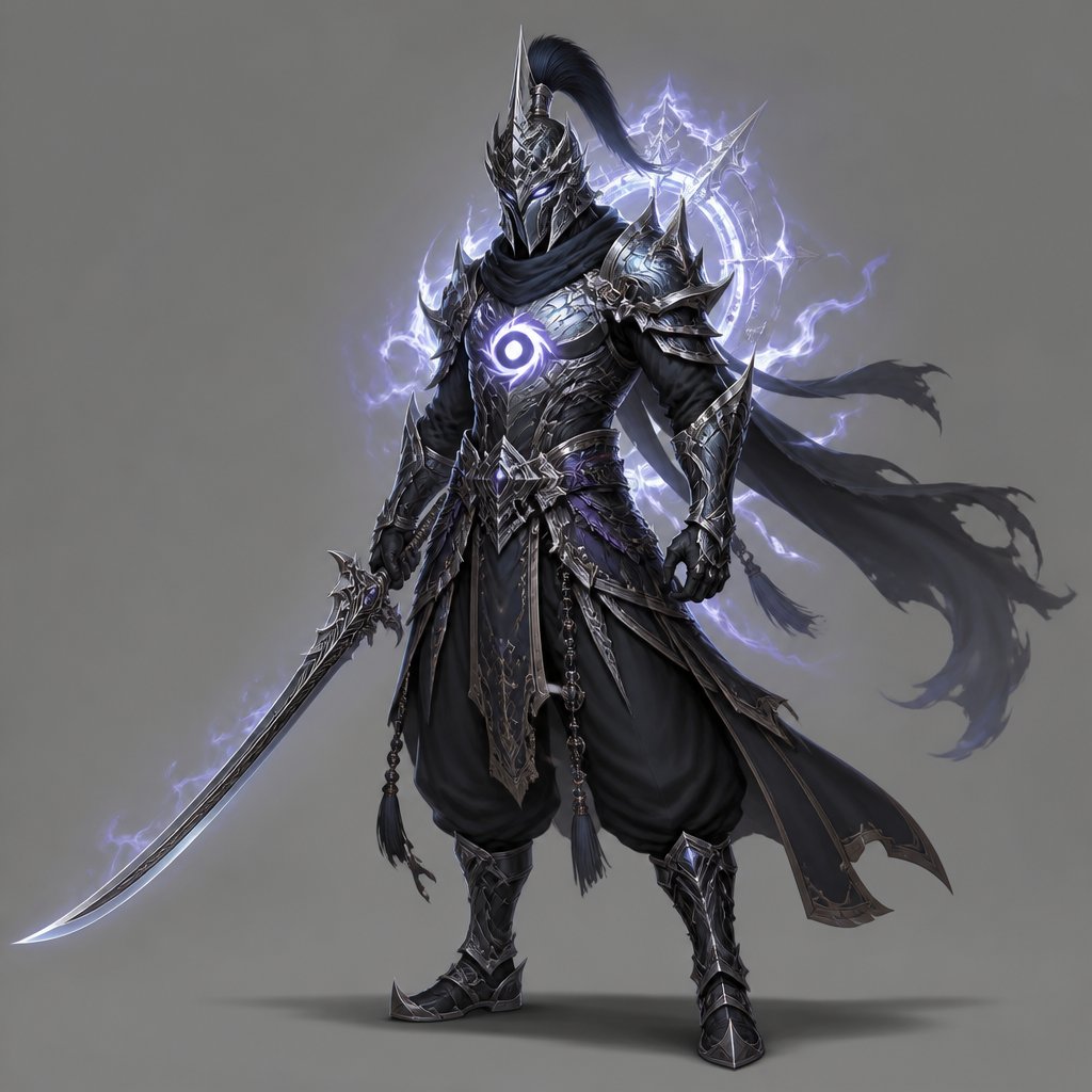 assassin, long curved sword, crested helmet, dark silver armor, luminous lord, baggy pants, eye of the storm mark