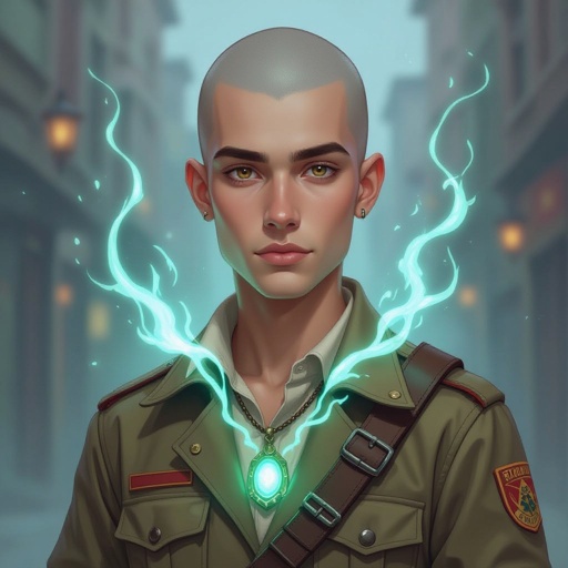 Młody mężczyzna przeciętny pod każdym względem. Ciemne oczy. Łysy. 
Ubrany w mundur harcerski
